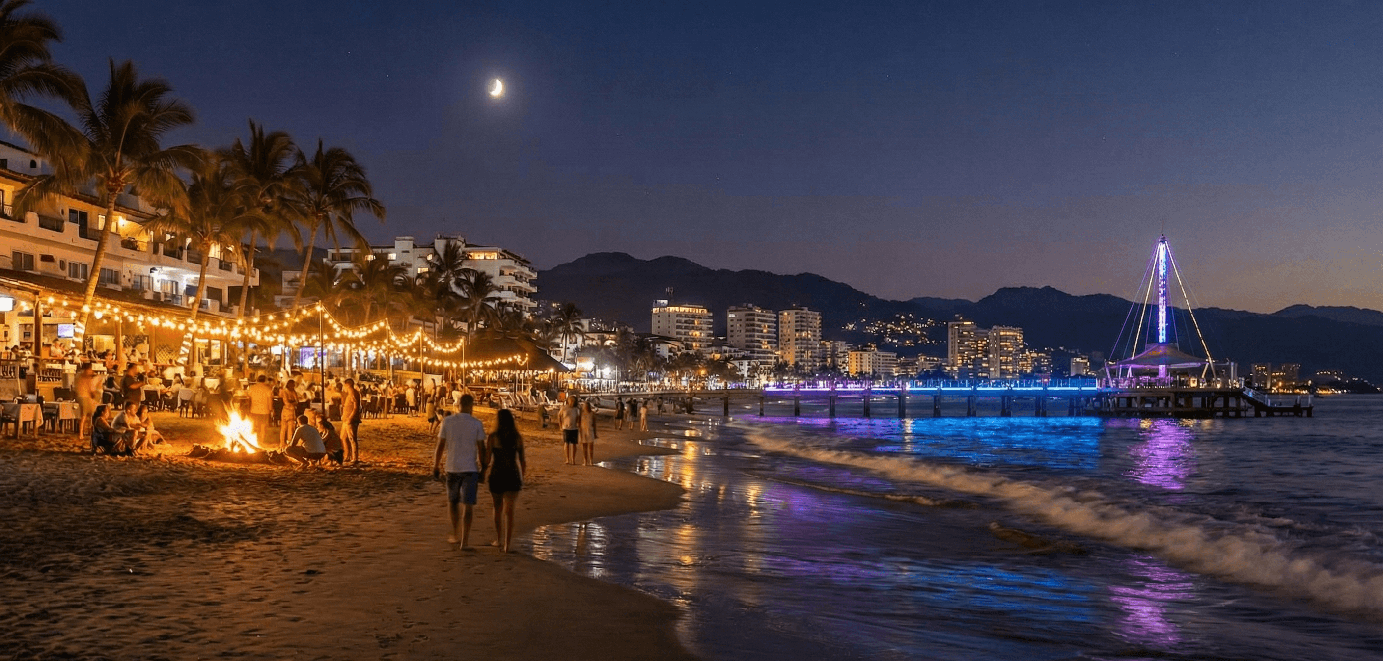 Puerto Vallarta beach boardwalk at night